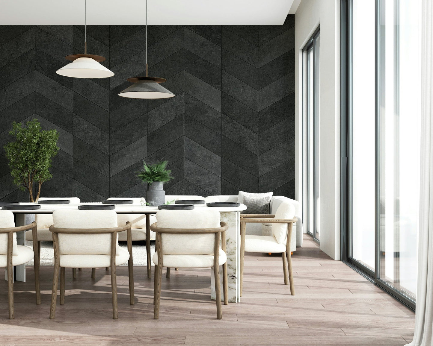 Midnight Herringbone Stone Wall Mural - Wallanza