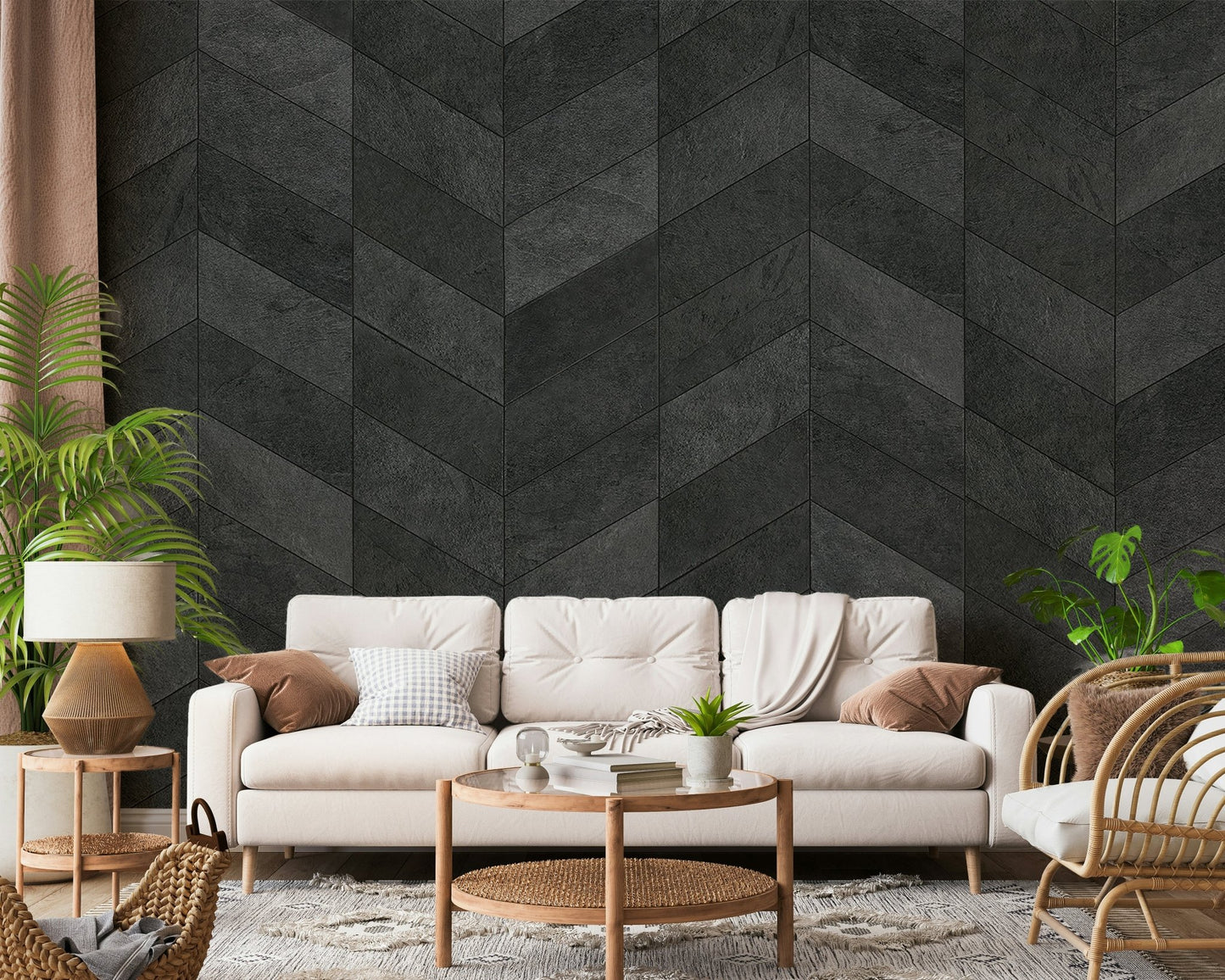 Midnight Herringbone Stone Wall Mural - Wallanza