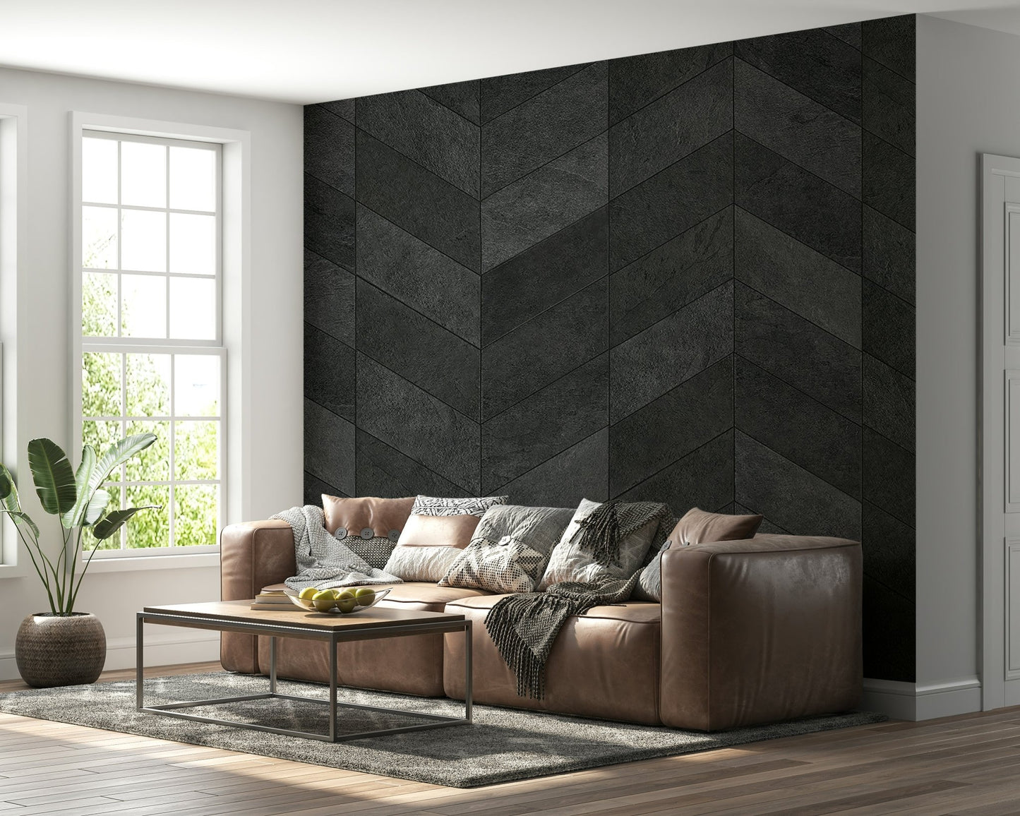 Midnight Herringbone Stone Wall Mural - Wallanza
