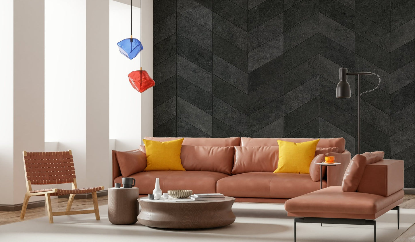 Midnight Herringbone Stone Wall Mural - Wallanza