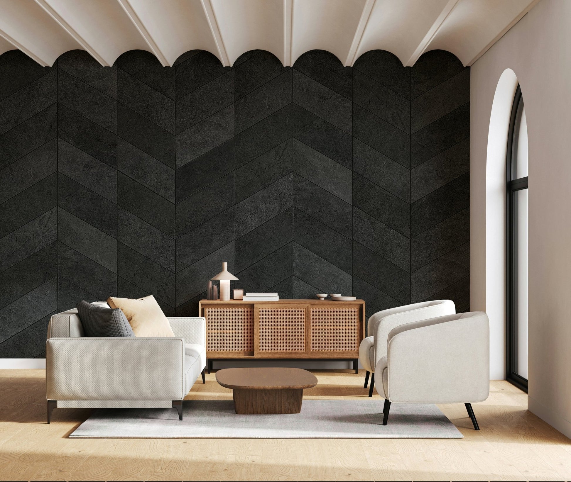 Midnight Herringbone Stone Wall Mural - Wallanza