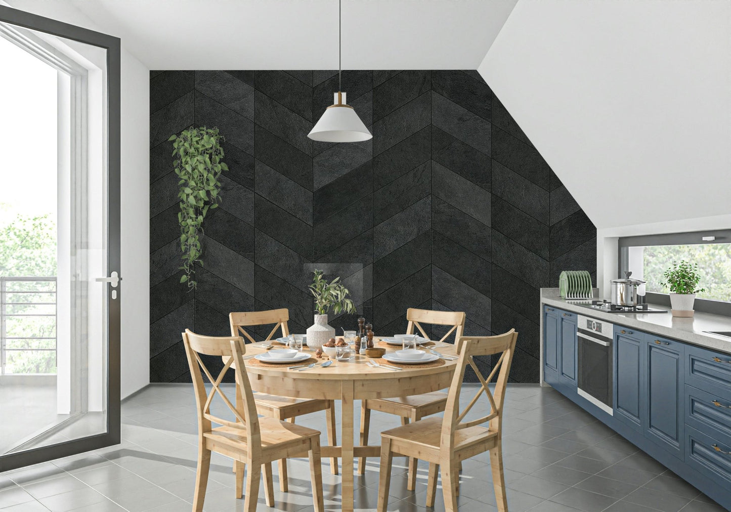 Midnight Herringbone Stone Wall Mural - Wallanza