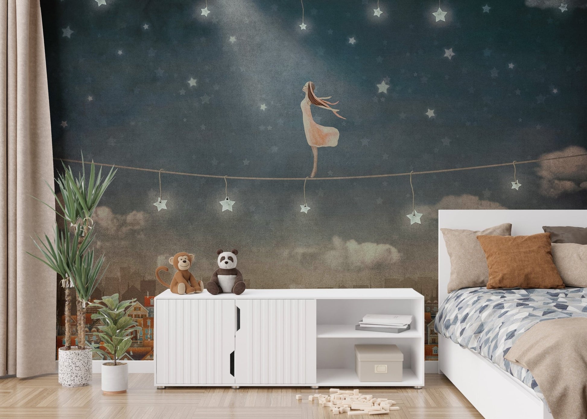 Blue midnight sky wall mural in a child bedroom with a teepee tent.