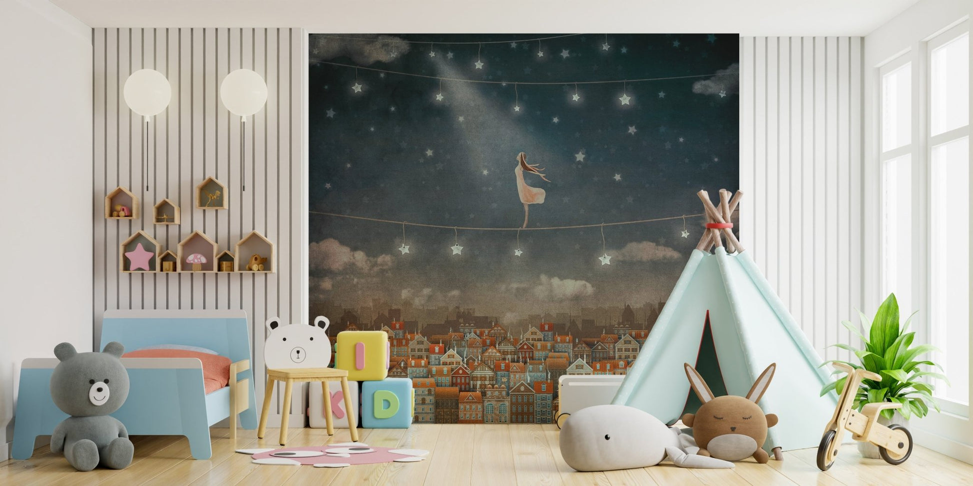 Kids playroom wall mural featuring a tightrope walker and starry midnight sky.