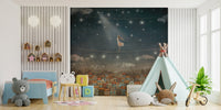 Kids playroom wall mural featuring a tightrope walker and starry midnight sky.