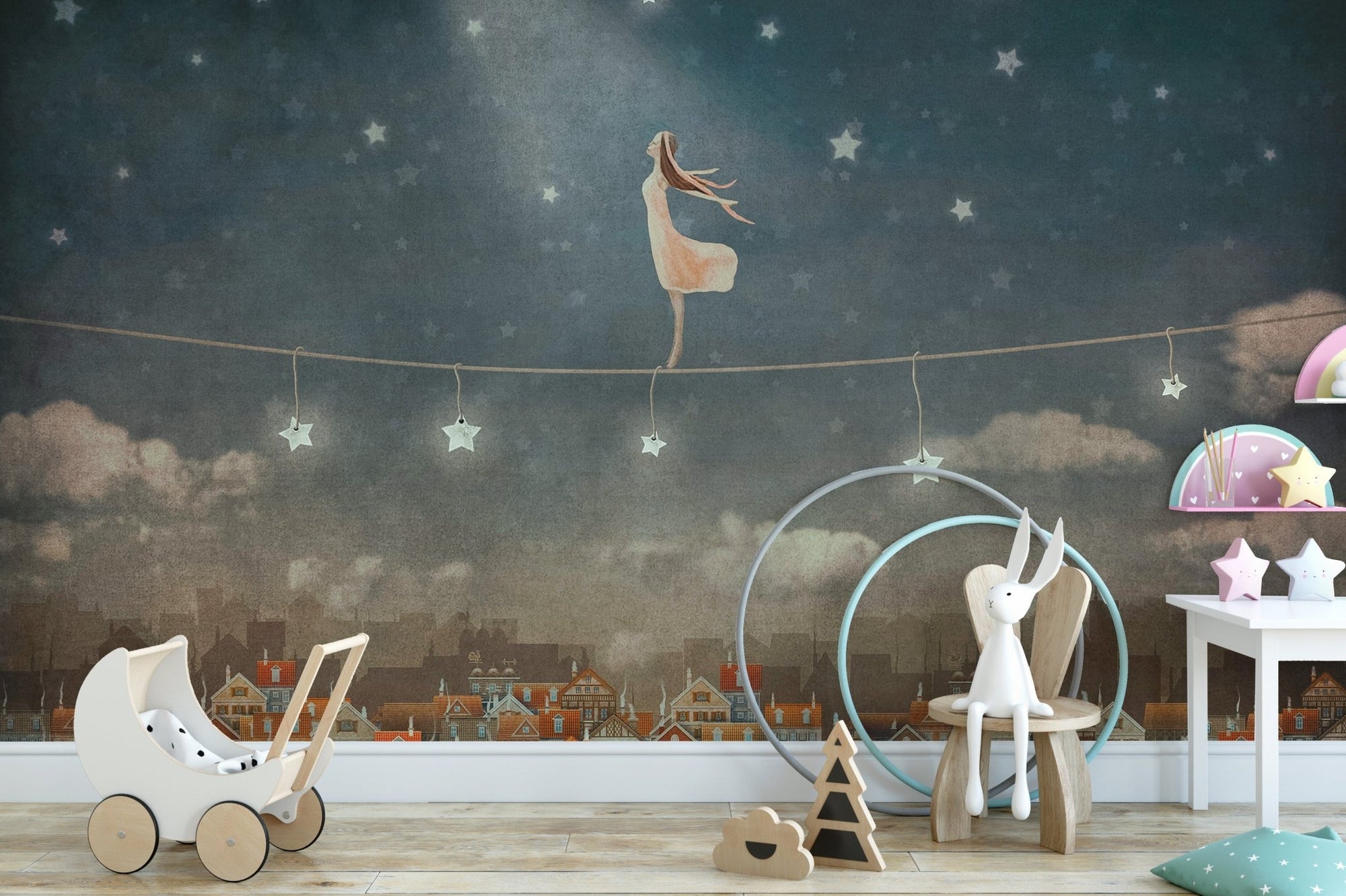 Midnight Magic Cute Houses in Night Murals for nursery with wooden toys.