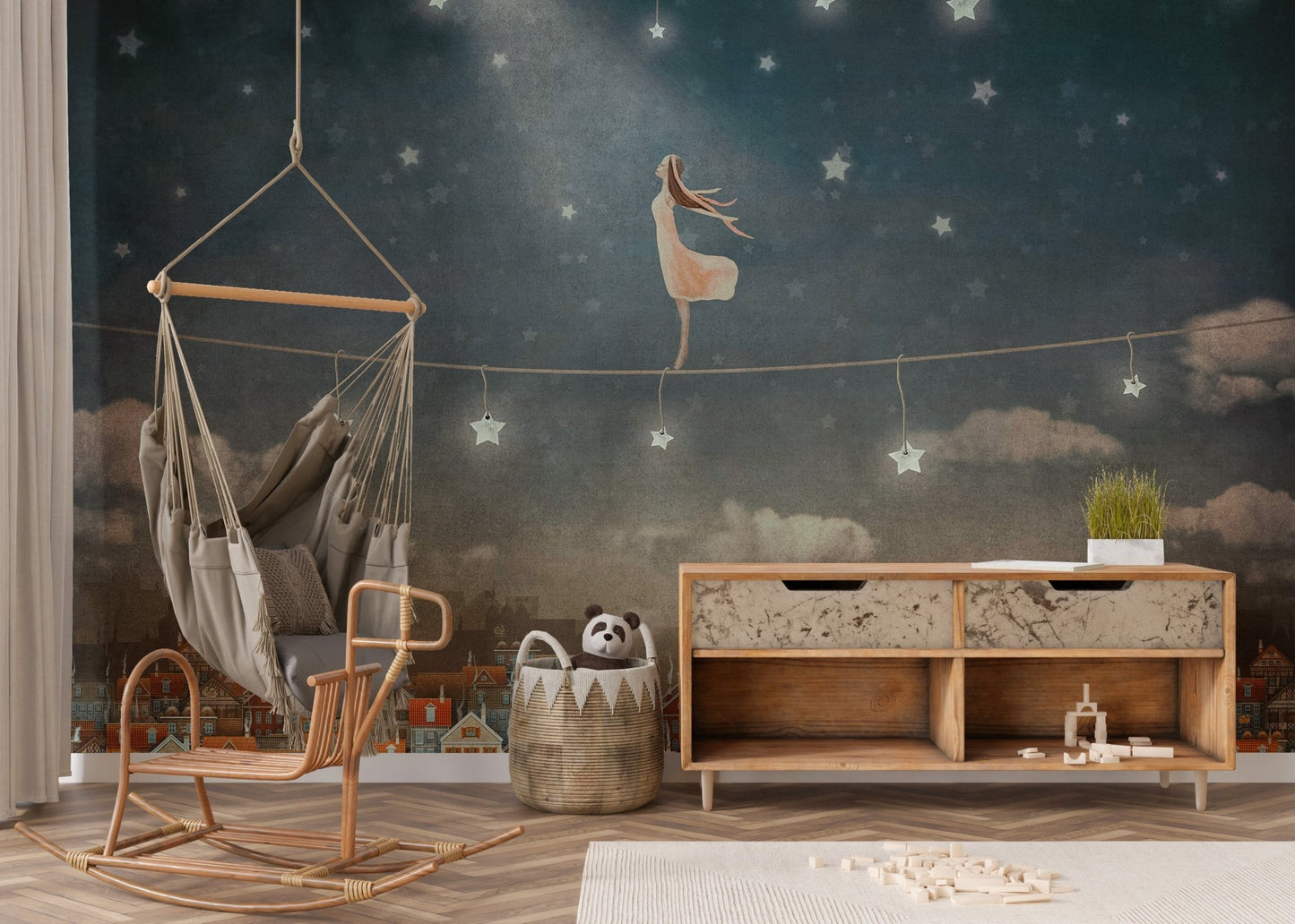 Artistic mural of cute houses under a peaceful midnight sky for nursery area. 
