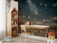 Cute houses mural with a magical midnight atmosphere for study area.