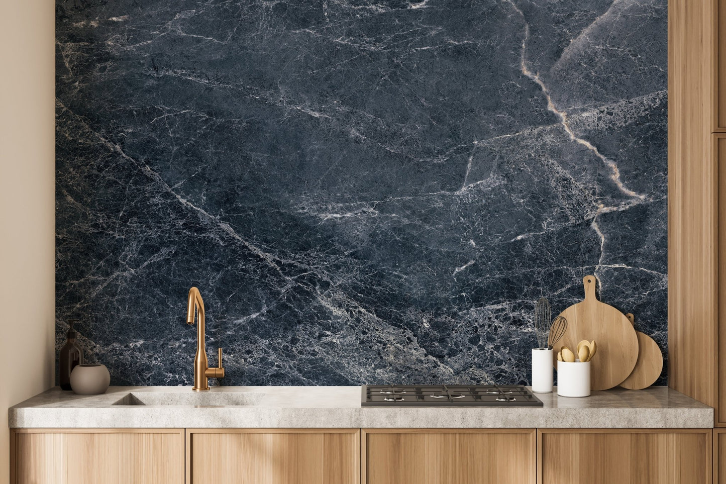 Contemporary blue marble wallpaper mural refined surface finish.