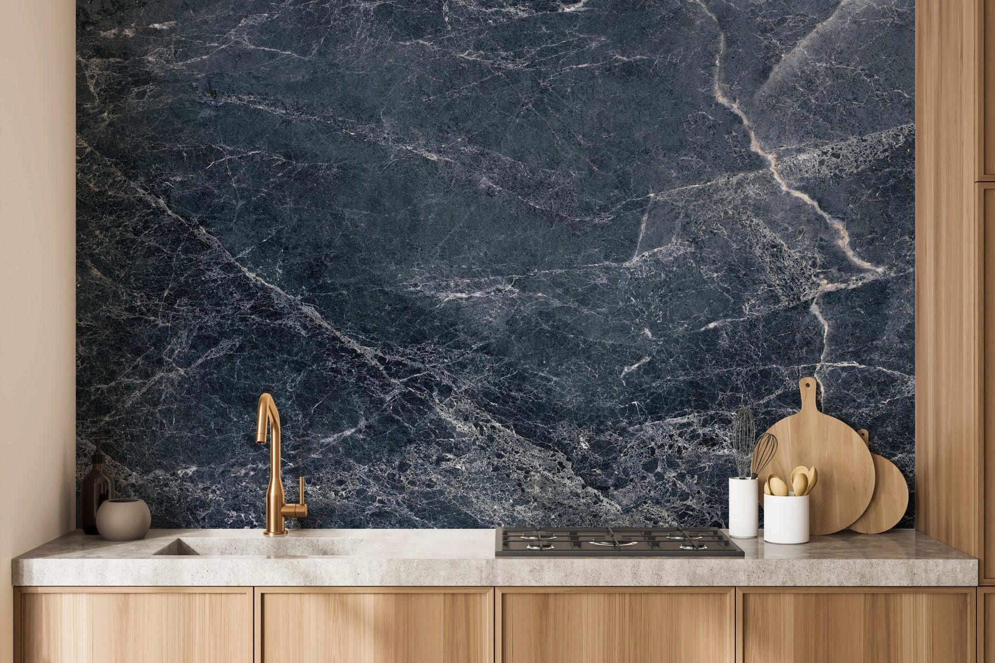 Contemporary blue marble wallpaper mural refined surface finish.