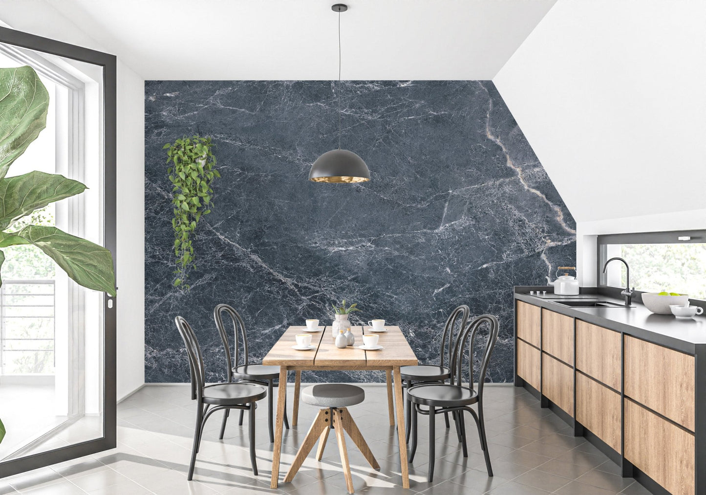 Elegant dark marble wallpaper mural natural vein detailing.