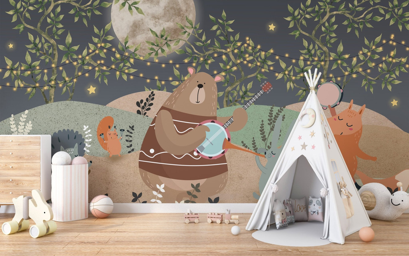 Rabbit trumpet scene wall mural with pastel dunes and moon glow.