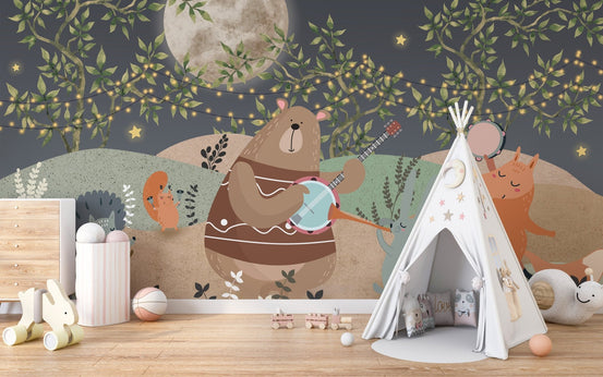 Rabbit trumpet scene wall mural with pastel dunes and moon glow.