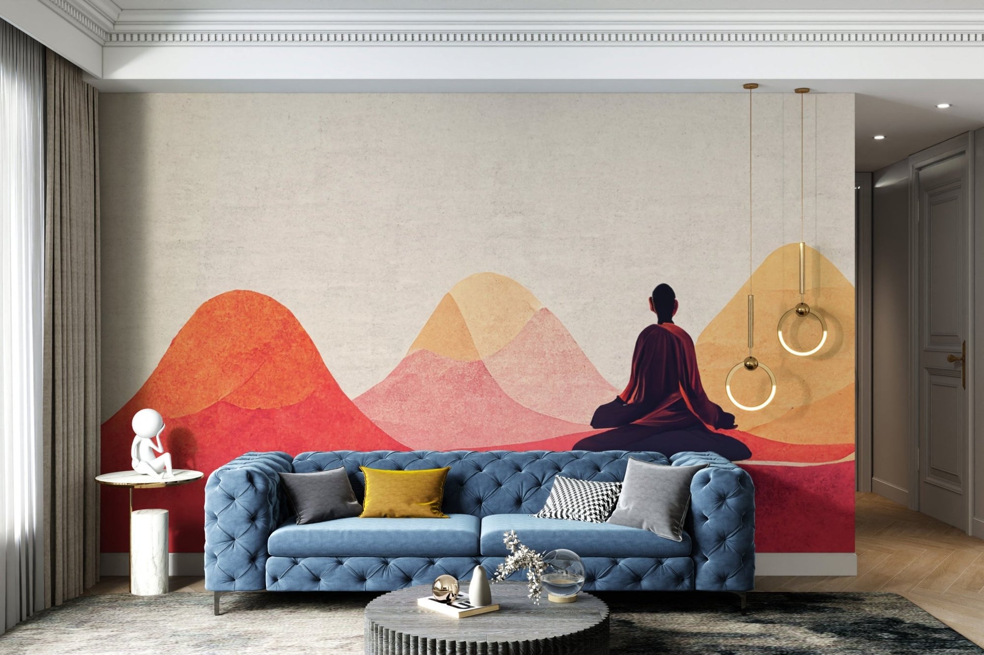 Relaxing wall mural with a mindful meditation theme in living room.