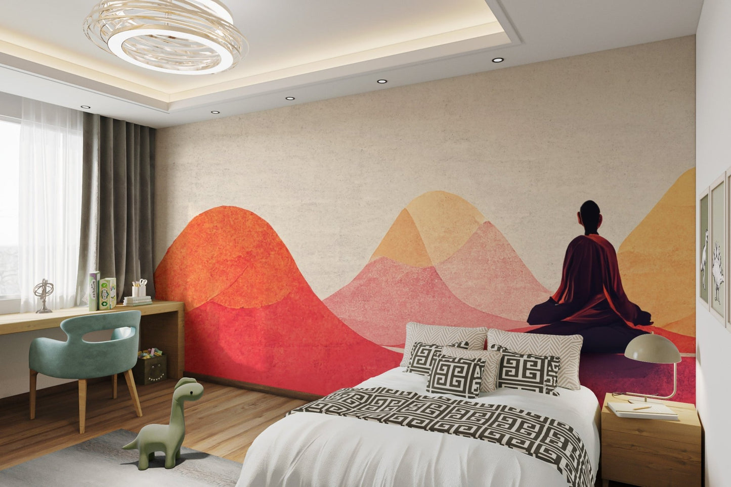 Mindfulness wall art mural creating a calming ambiance in bedroom.