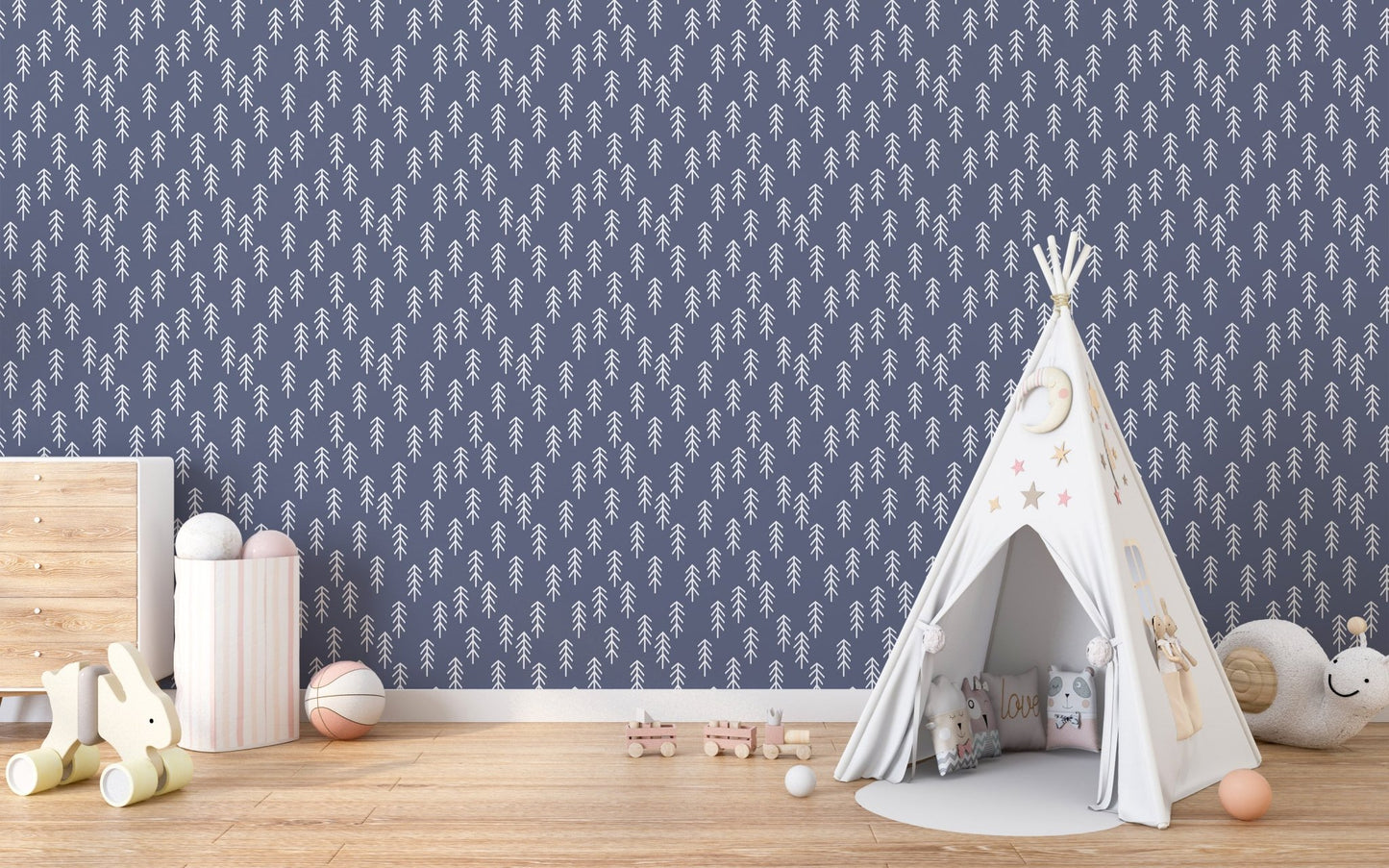 Blue and white pine tree wallpaper for toddler room with teepee tent.