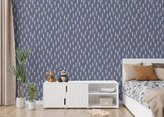 Minimal Pine Retreat Removable Wallpaper in kids bedroom with white console