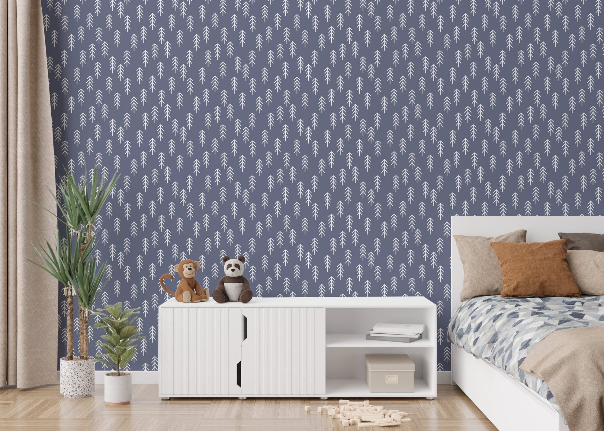 Minimal Pine Retreat Removable Wallpaper in kids bedroom with white console