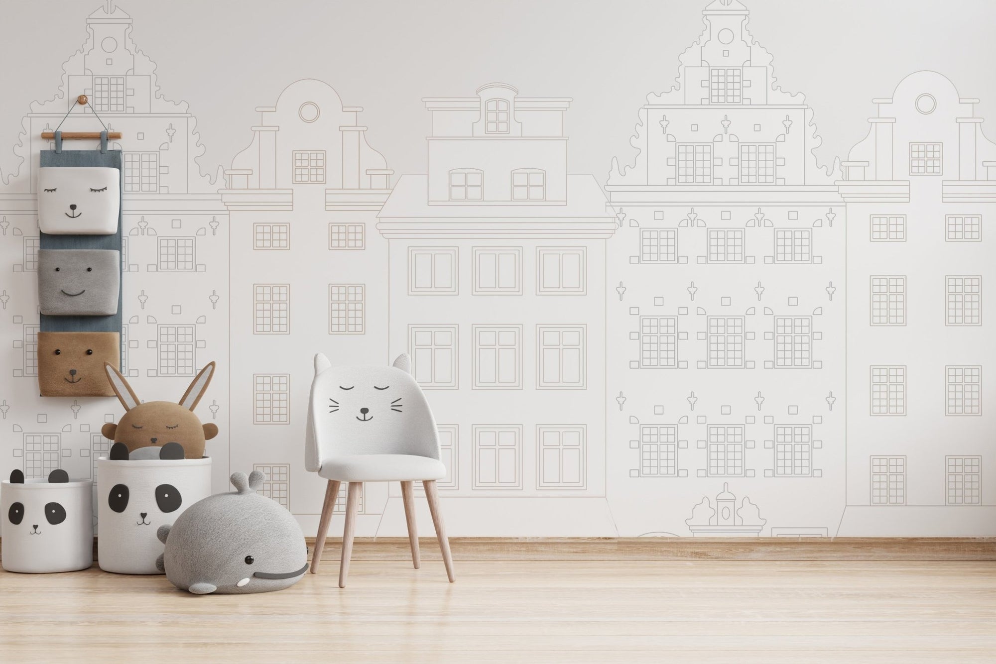 Minimalist european cityscape wallpaper with white line art architecture.