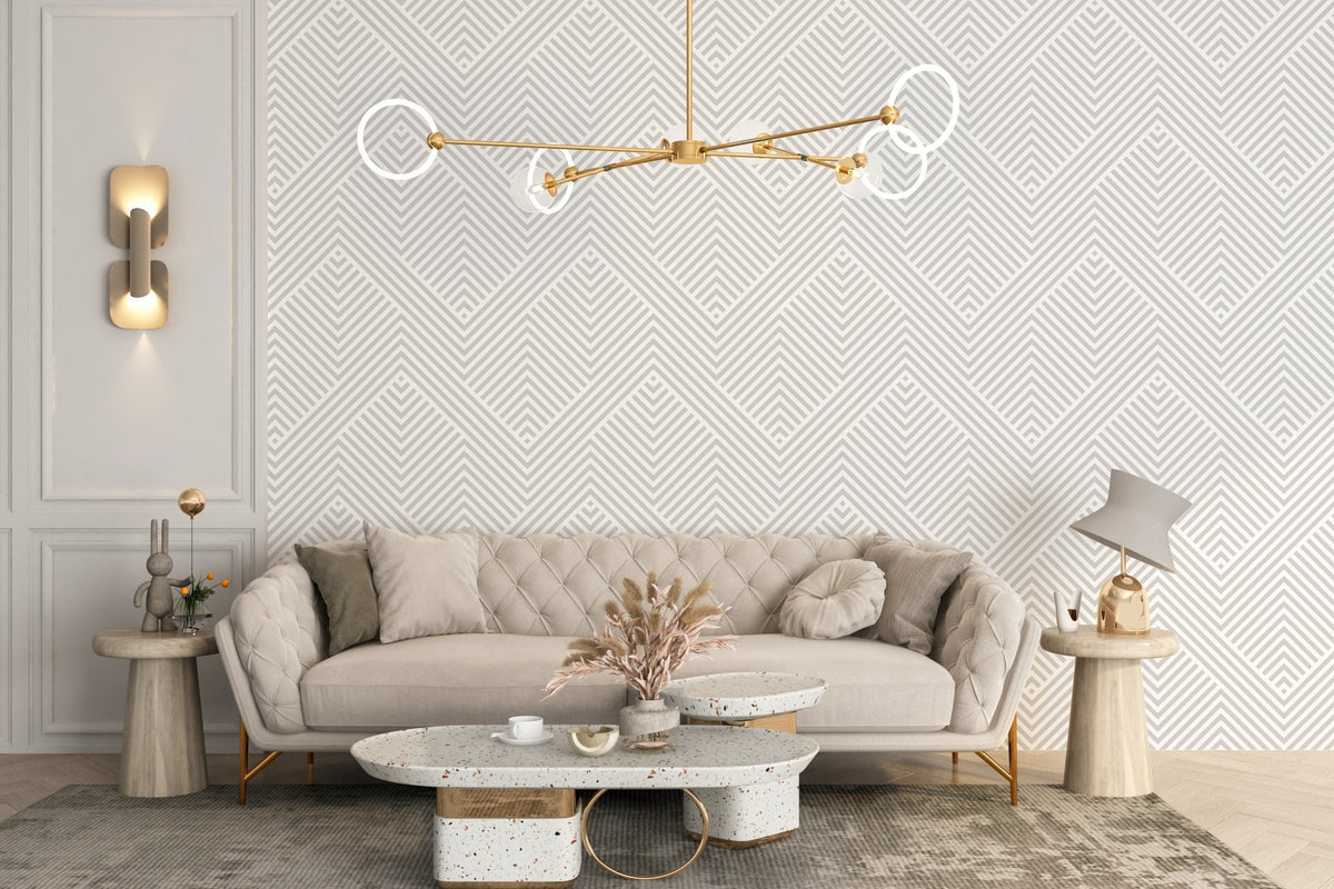 Elegant living space with cream sofa and minimalist light gray grid wallpaper.