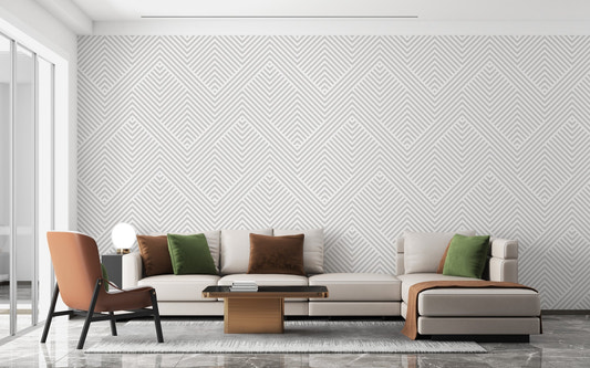 Modern living room with Minimalist Light Gray Grid Wallpaper and green cushions.