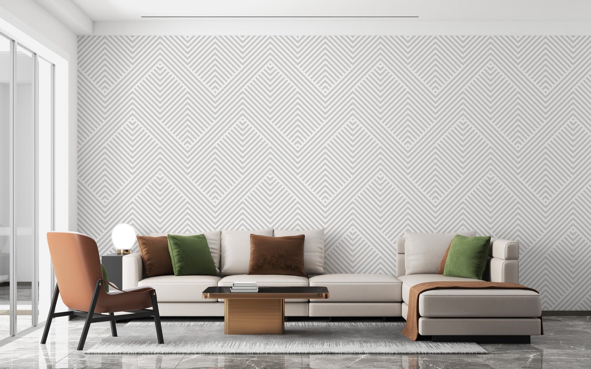 Modern living room with Minimalist Light Gray Grid Wallpaper and green cushions.