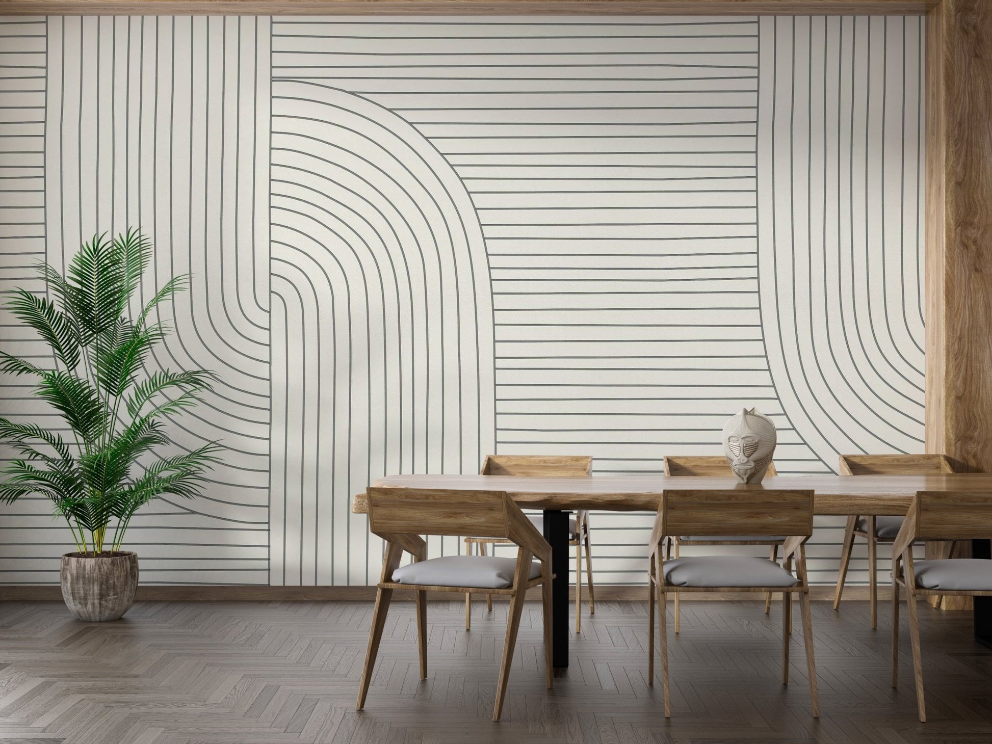 Abstract line pattern wall mural in a dining room with wooden furniture.
