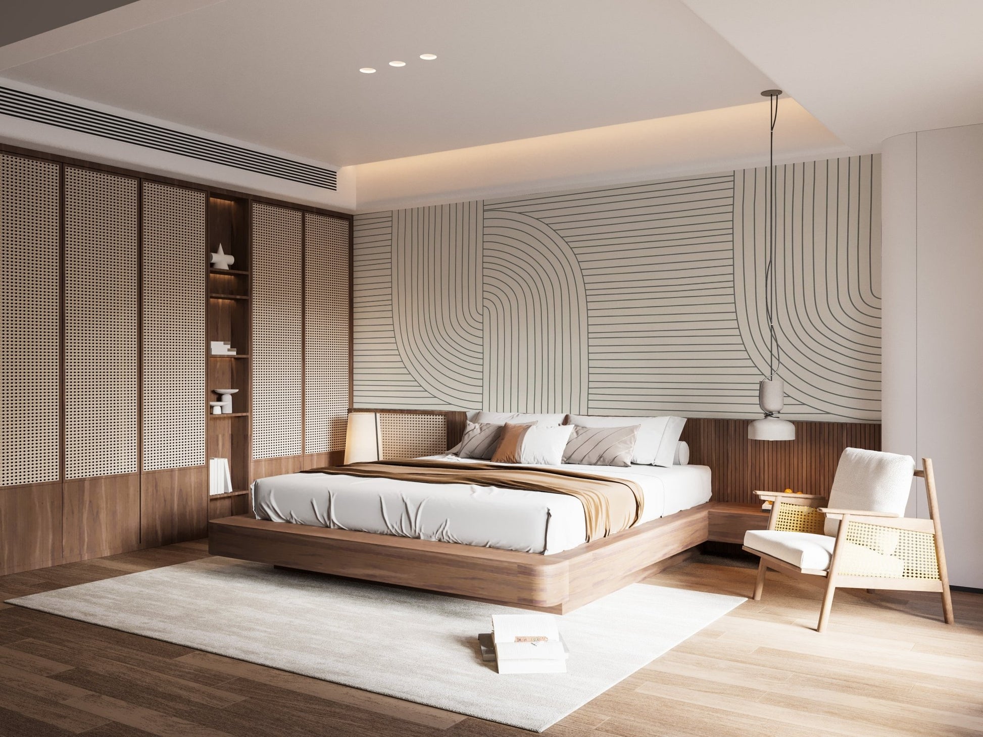 Geometric art wall mural behind a platform bed with neutral cushions.