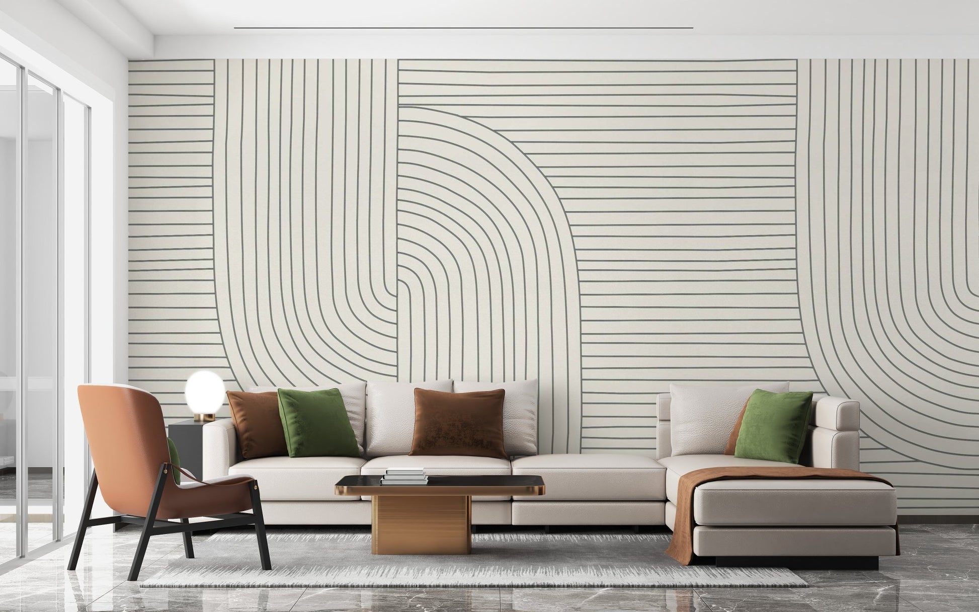 Parallel line wall mural in a living room with a brown leather chair.