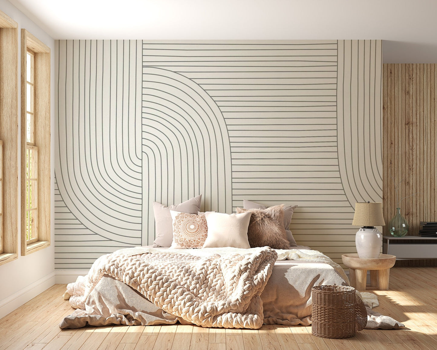 Minimalist line art wall mural in a sunlit bedroom with wooden flooring.