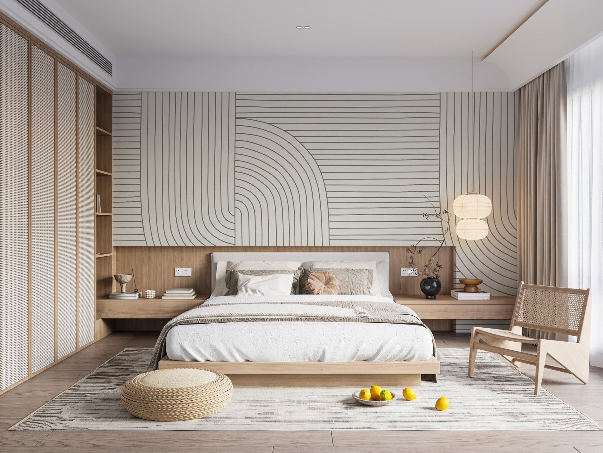 Textured line art wall mural in a bedroom with a wicker chair.