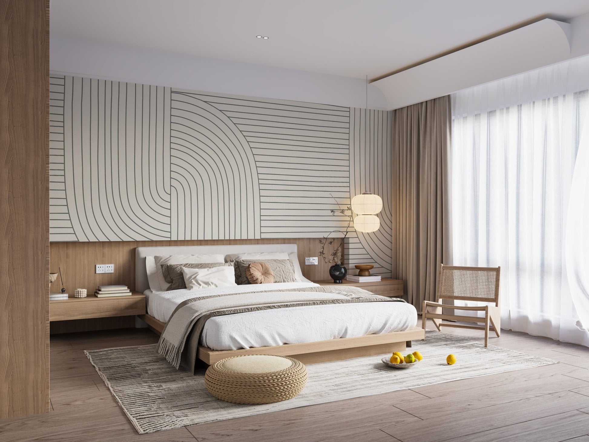 Neutral line pattern wall mural in a modern bedroom with large windows.