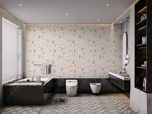 Minimalist soft pastel floral wallpaper with sage green and pink leaves.
