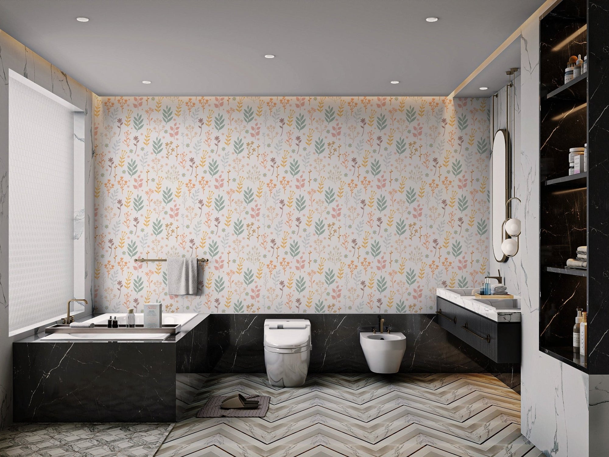 Minimalist soft pastel floral wallpaper with sage green and pink leaves.