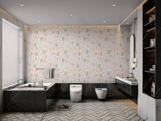Minimalist soft pastel floral wallpaper with sage green and pink leaves.