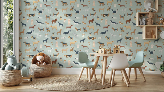 Illustrated puppy breeds on a mint green dogs breed pattern wallpaper background.