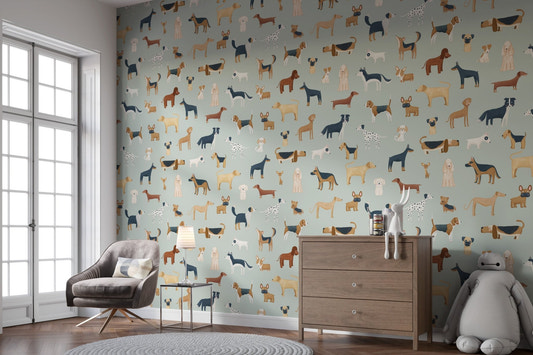 Minimalist dogs pattern wall mural in a soft sage green palette.