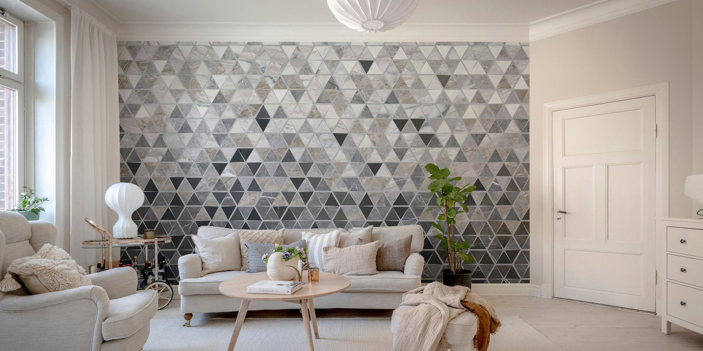 Sleek geometric mirror tile wall mural design in living area.