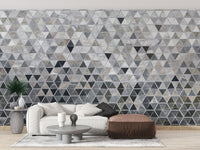 Luxurious reflective tile wall mural design in modern living space.