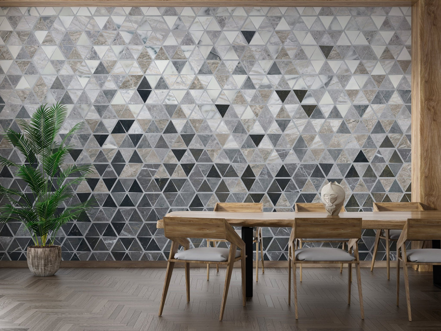 Dazzling glass-like tile pattern wall mural in a dining space.