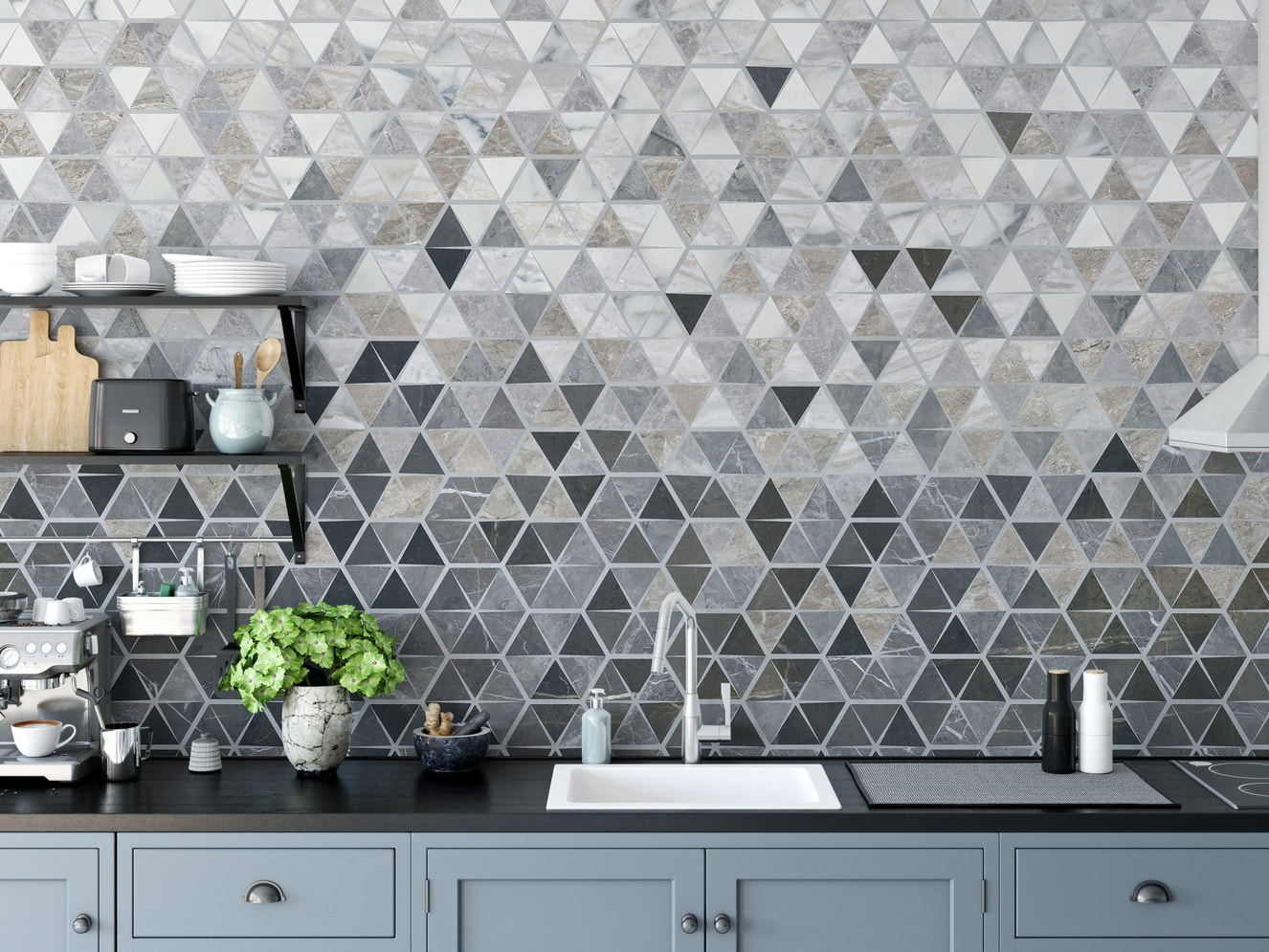 Mirror Tiles Wall Mural on a kitchen backsplash with grey cabinets.