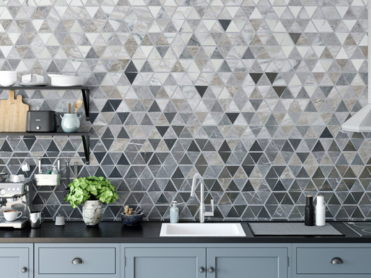 Mirror Tiles Wall Mural on a kitchen backsplash with grey cabinets.