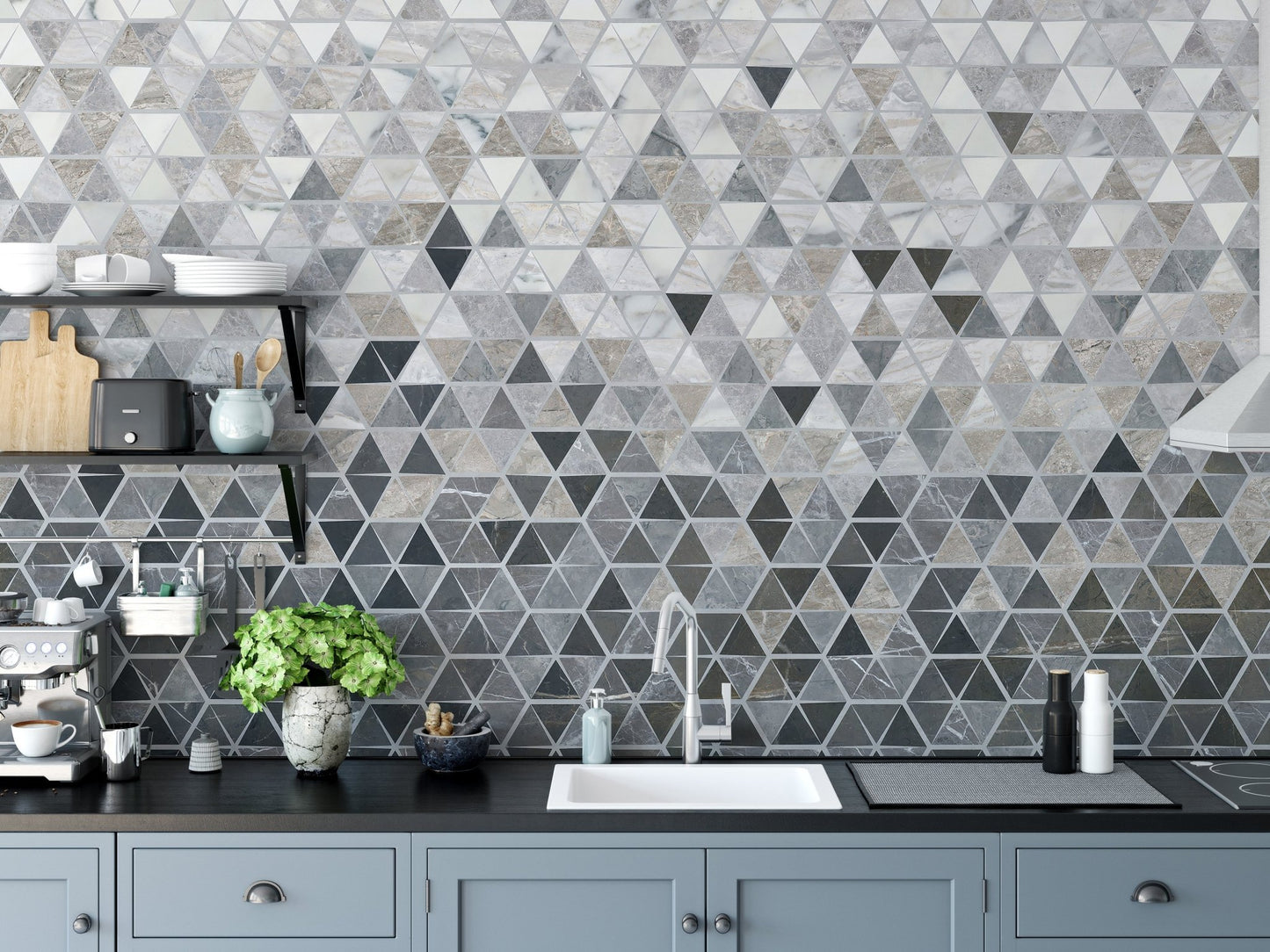 Mirror Tiles Wall Mural on a kitchen backsplash with grey cabinets.