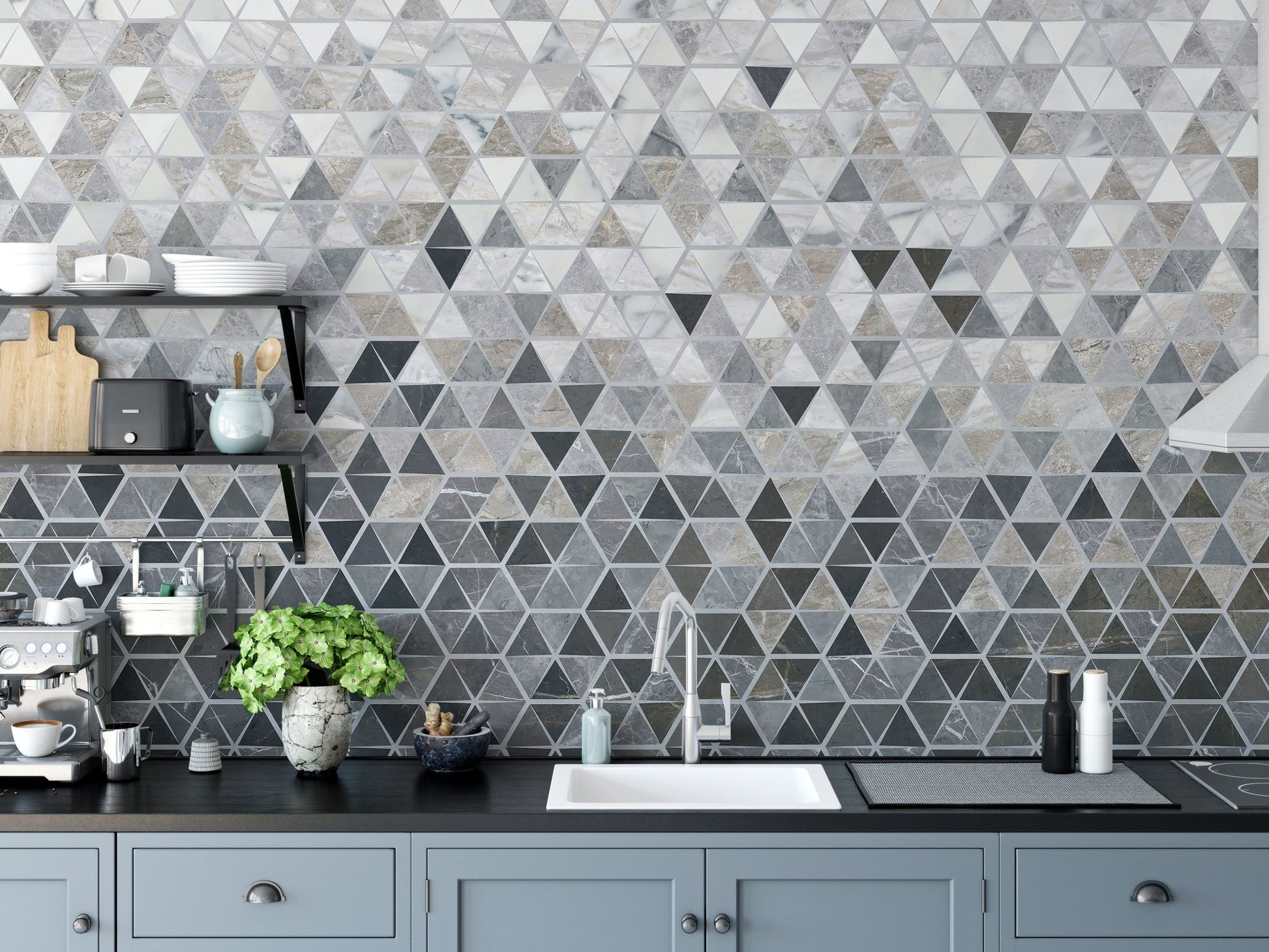 Mirror Tiles Wall Mural on a kitchen backsplash with grey cabinets.