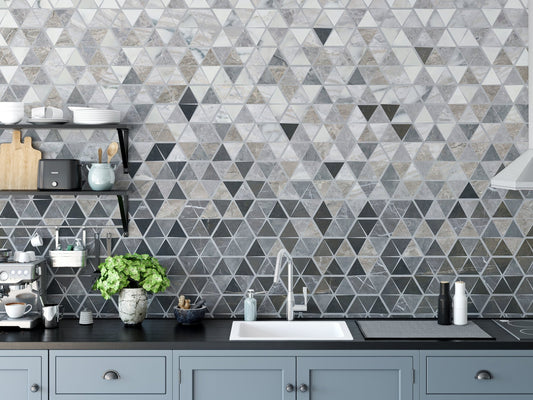 Mirror Tiles Wall Mural on a kitchen backsplash with grey cabinets.