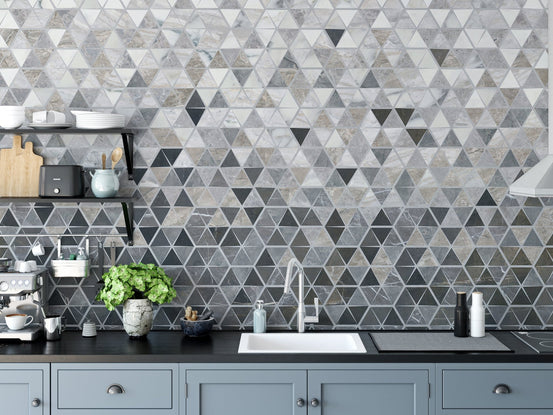 Mirror Tiles Wall Mural on a kitchen backsplash with grey cabinets.