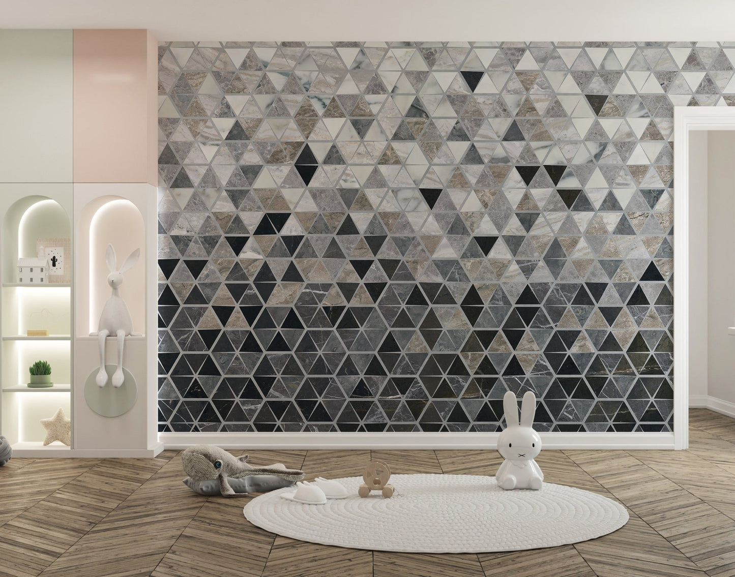 Modern tiles pattern wall mural in a playroom with a white circular rug.