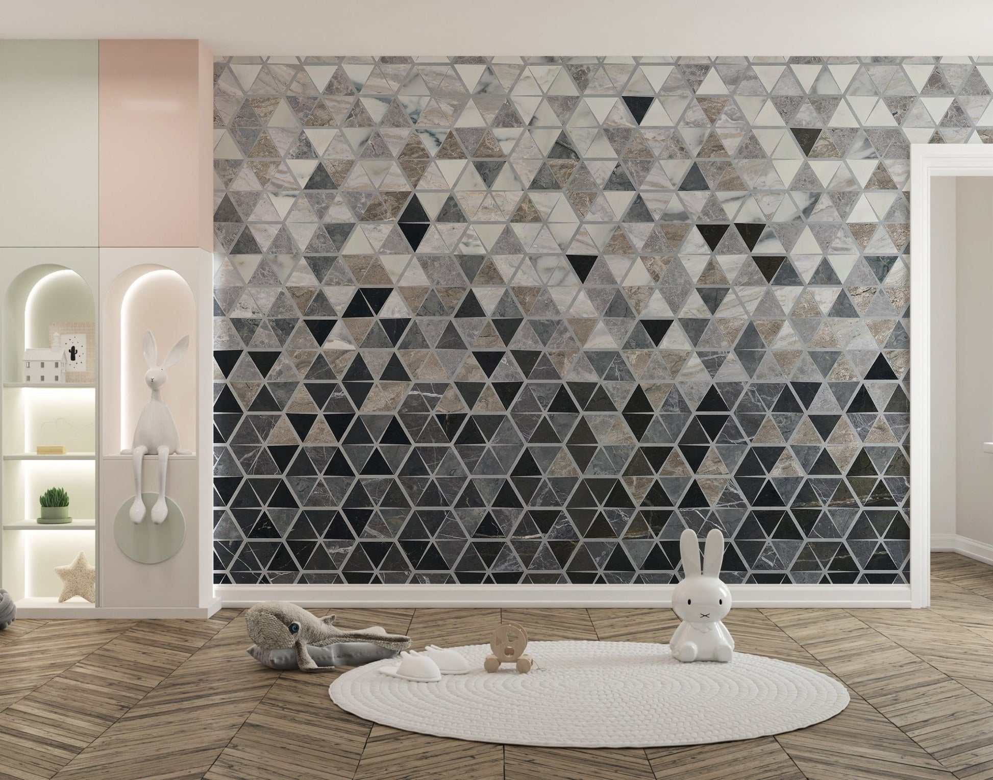 Modern tiles pattern wall mural in a playroom with a white circular rug.