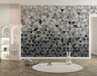 Modern tiles pattern wall mural in a playroom with a white circular rug.