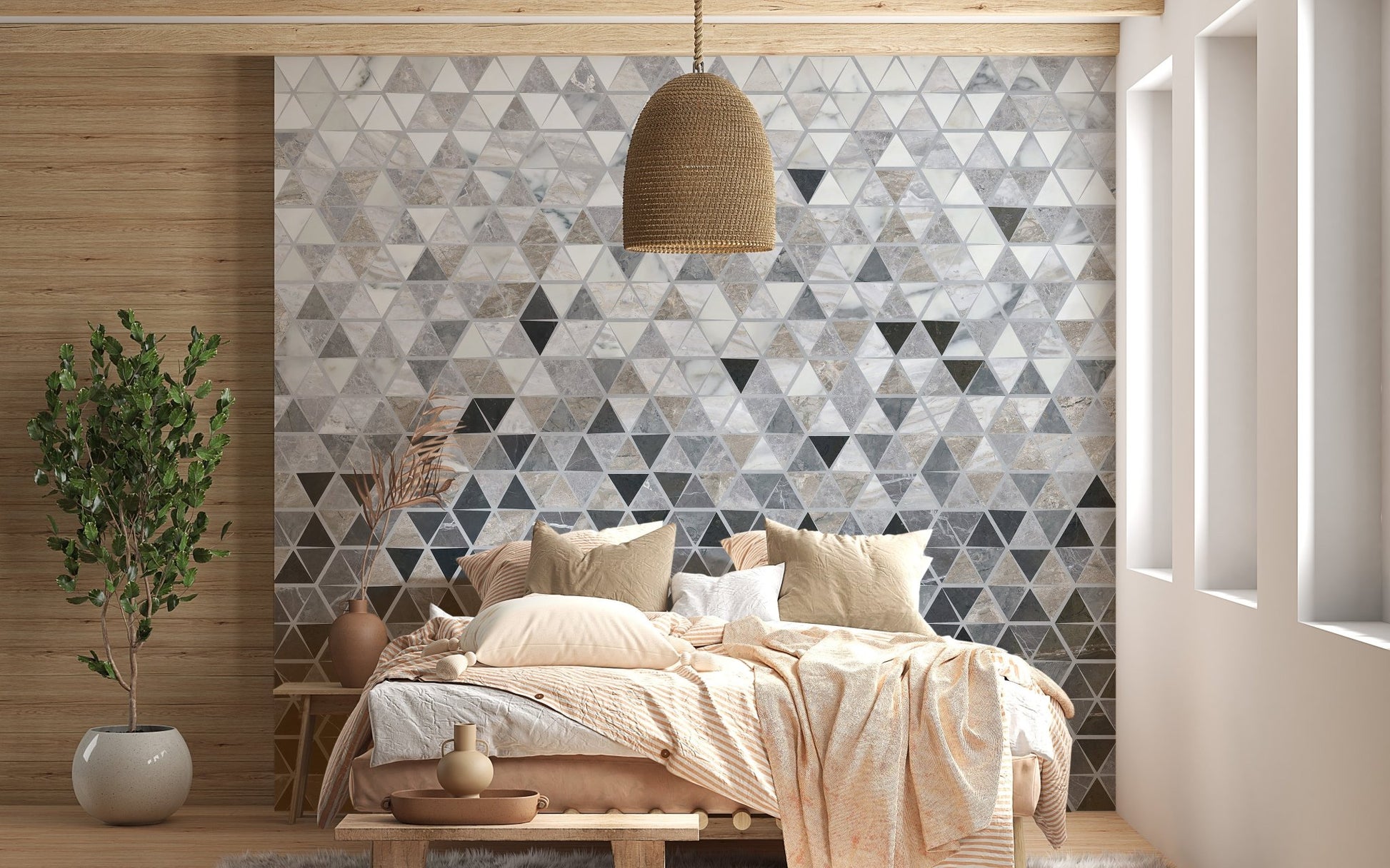 Stylish metallic mirror tile pattern mural for bright bedroom.